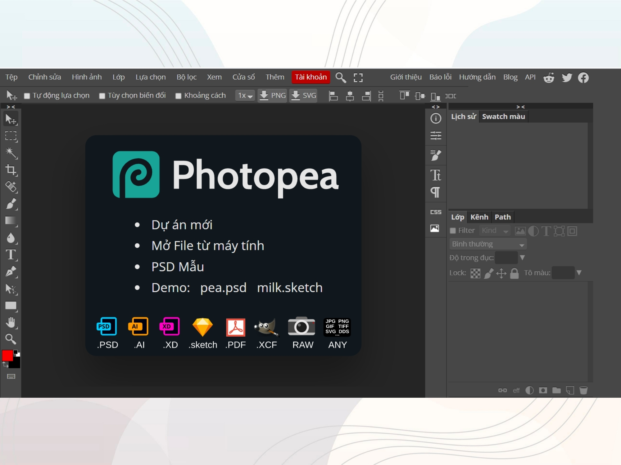 Giao diện Photopea mô phỏng gần giống Photoshop với các công cụ chuyên nghiệp