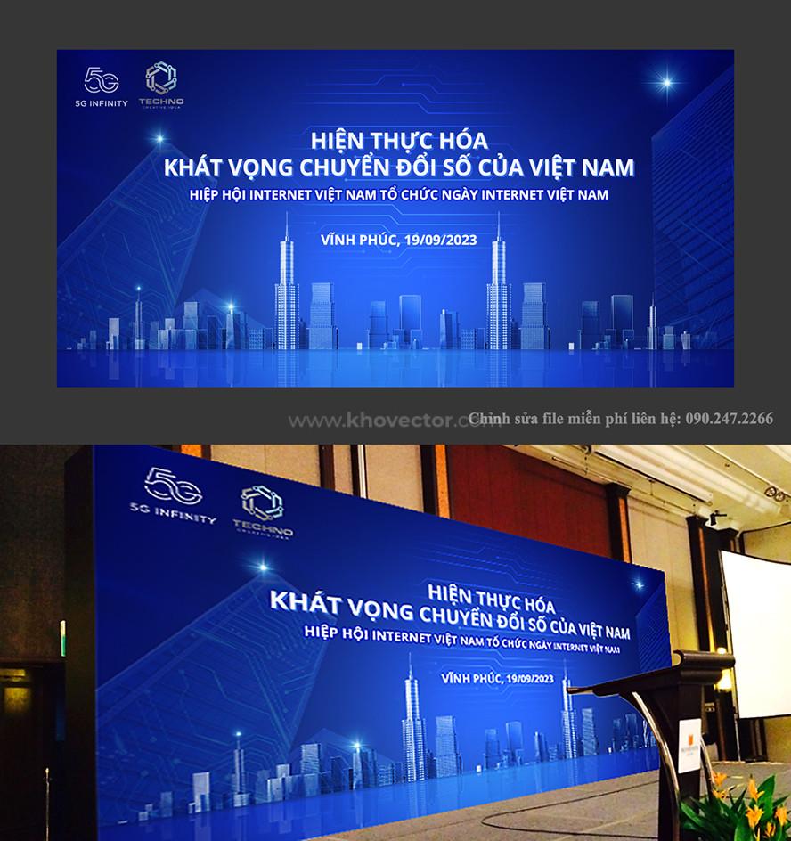 Một mẫu backdrop hiện đại tại hội nghị công nghệ với logo nổi bật